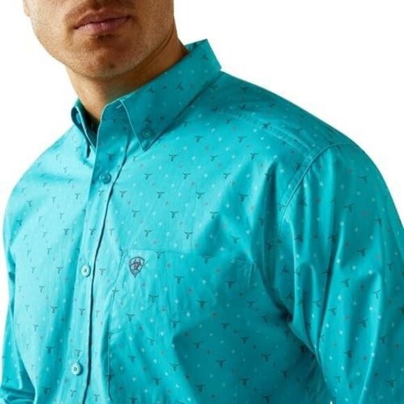 Ariat Men's Long Sleeve Millke Classic Fit Longhorn Print Button Shirt Turquoise - Picture 1 of 4